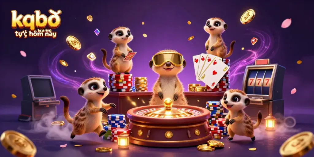 Experience the thrill of kqbđ trực tuyến hôm nay with playful meerkats in a vibrant casino illustration.