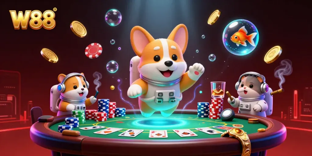 Engage with W88's exciting casino experience featuring 3D astronaut corgi and vibrant poker scene.
