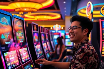 Excited player enjoys slot gacor experience at vibrant casino in Indonesia.