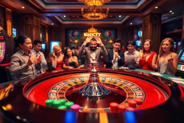 Kết quả xổ số hôm nay showcased in a vibrant casino scene with roulette, poker chips, and enthusiastic gamblers.