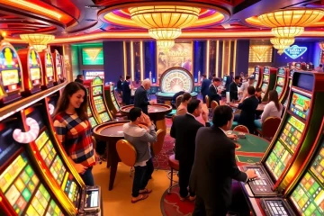 Pemain yang bersemangat menikmati mesin slot di lingkungan kasino mewah yang menampilkan Situs Gacor.