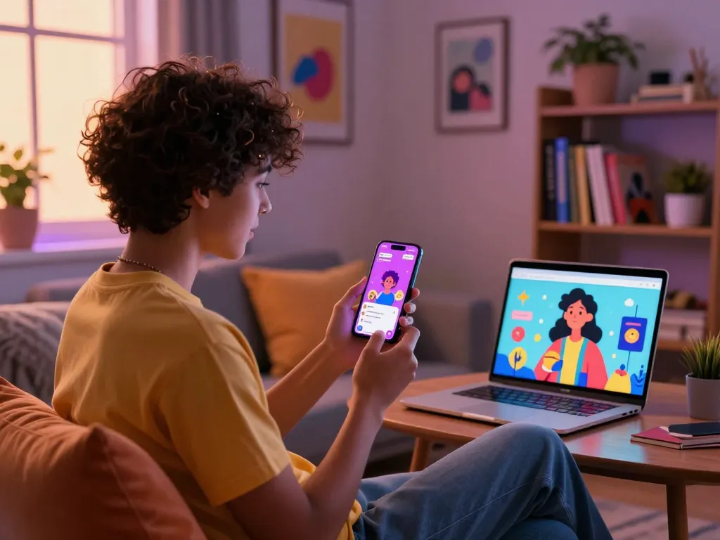 AI 18+ character interaction in a cozy living room with vibrant chat interface and creative elements.