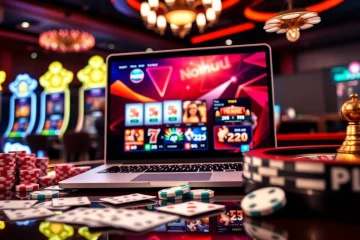 Nohu90 online gaming interface displayed on a luxurious casino table with vibrant slot machines.