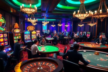 Kể truyện ma imagery in a lively casino setting with vibrant slot machines and intense poker tables.