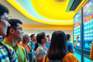 Exciting scene illustrating Xổ số hôm nay with diverse individuals anxiously watching lottery results unfold on a digital screen.