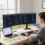 Developer working on Crushon IA chatbot coding in a tech workspace