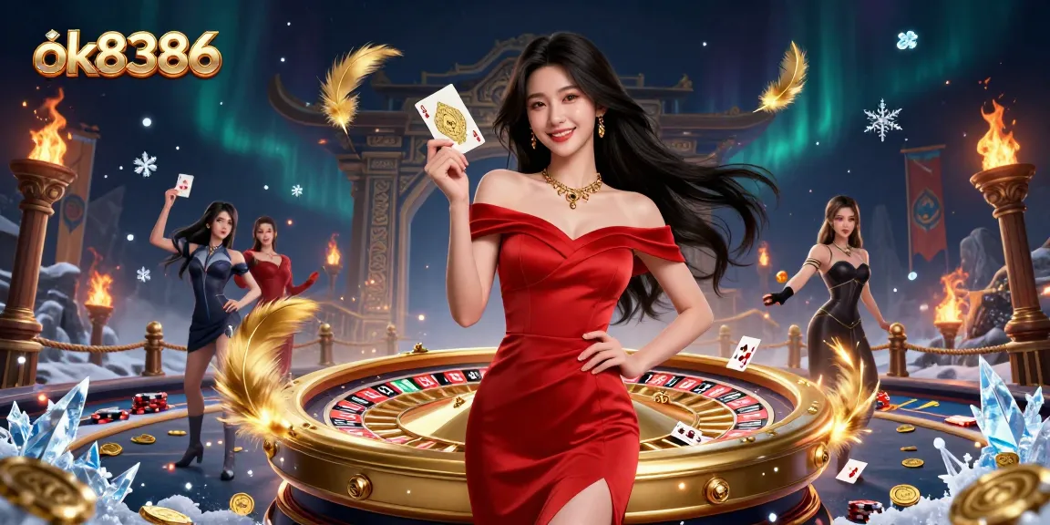 Experience high-stakes gaming action with ok8386 in a vibrant casino scene featuring an elegant dealer and roulette.