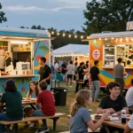 Pengunjung menikmati makanan dari truck makanan di festival BOS 88 yang ramai.