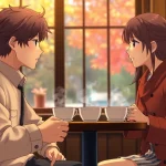 Menikmati film semi jepang yang menggambarkan suasana hangat di sebuah kafe.