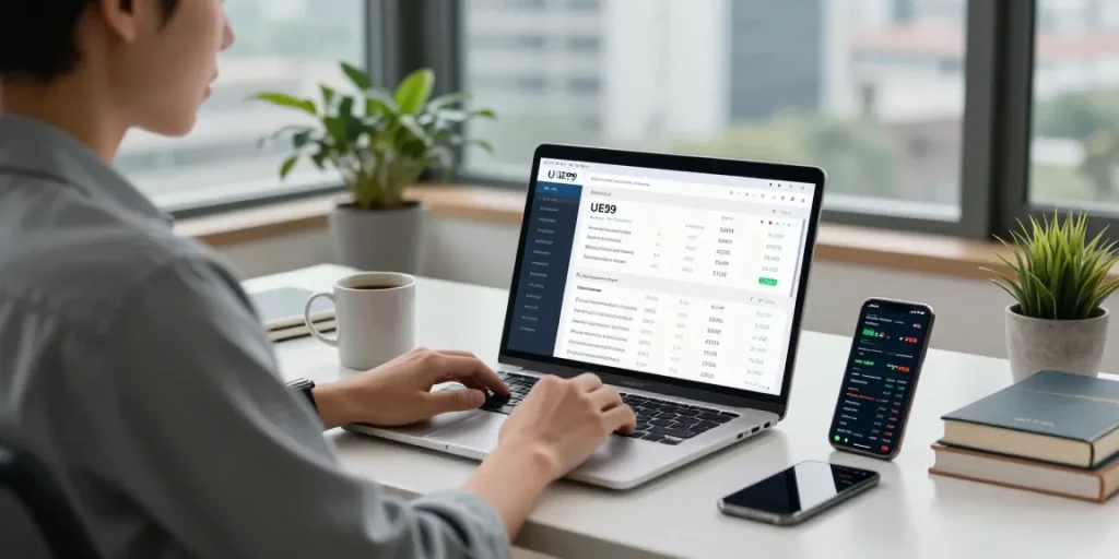 Pengguna UE99 sedang menggunakan platform investasi di kantor rumah yang modern.