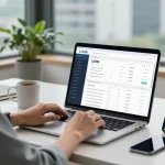 Pengguna UE99 sedang menggunakan platform investasi di kantor rumah yang modern.