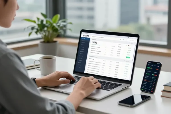 Pengguna UE99 sedang menggunakan platform investasi di kantor rumah yang modern.