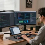 Ruang kerja pengembang perangkat lunak di https://predictplay.io/ dengan meja modern, monitor menampilkan kode dan desain antarmuka.