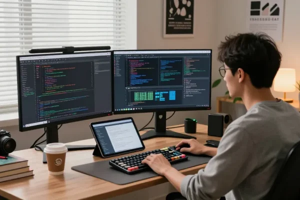 Ruang kerja pengembang perangkat lunak di https://predictplay.io/ dengan meja modern, monitor menampilkan kode dan desain antarmuka.